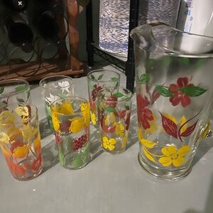 Floral Glassware Set with Pitcher